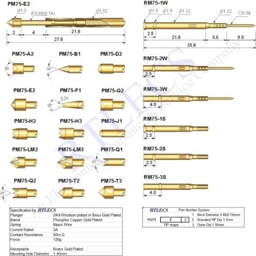 100pcs Bare PCB 1.91mm Pitch Spring Test Probe PM75 Testing Pin 27.8mm Length 1.02mm Dia Gold plated TIP styles Sockets to order