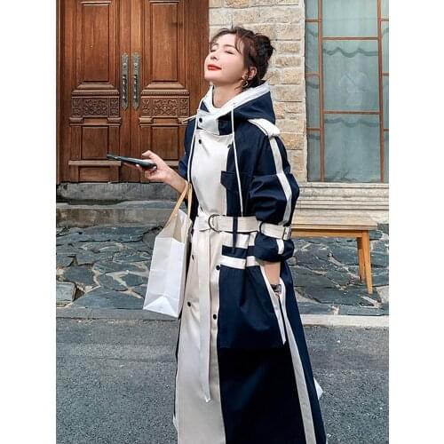 Plus Size Women Medium-length Hooded English Wind Over the Knee-length Coat Patchwork Overcoat Outwear Abrigo Mujer