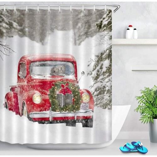 Retro Red Truck Xmas Wreath Winter Snow Shower Curtains for Bathroom