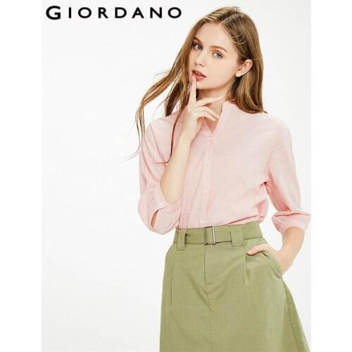Giordano Women Shirts Linen Cotton V Neck Drop Shoulder Blouse Three Quarter Sleeve Button Front Soild Blusa Feminina 13341027