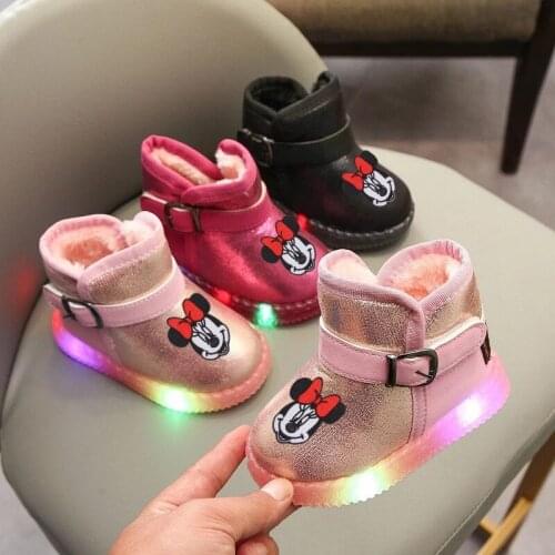 Disney childrens cartoon Mickey Mouse plus velvet warm snow boots boys and girls short boots cotton boots cotton shoes LED