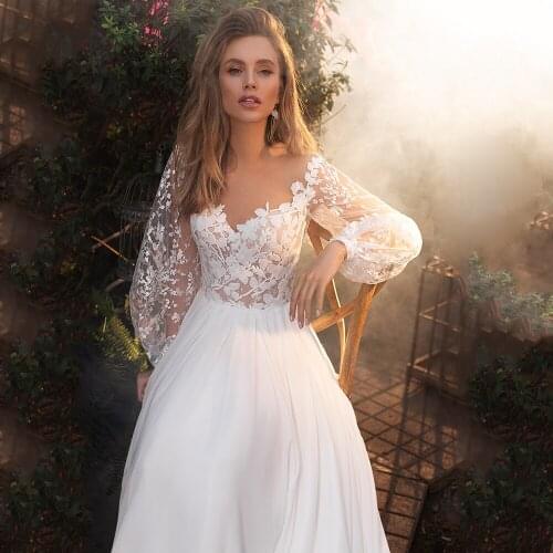 Boho Chiffon Wedding Dress with Puff Sleeves V Neck Sweep Train Sexy Lace A Line Boho Beach Robe De Mariee Custom Made Dress