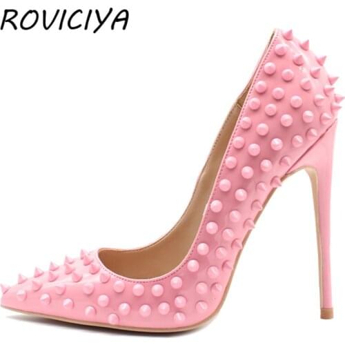 Pink pumps women shoes rivets female party shoes bride ladies shoes high heel plus size 8-12 cm 33-45 MD019 ROVICIYA