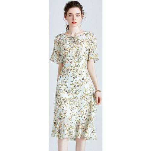 Green Yellow Floral Silk Dresses Women Natural 2021 Summer Long Casual Sexy Office Work Daily Dress Plus Size Slim Fit A Line