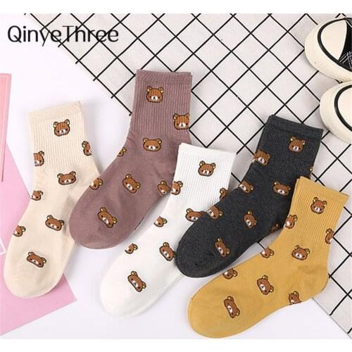 Spring Winter Womens Cotton Tube Sokken Fashionable Bear Socks Cute Cartoon Five Colors Female Socks Harajuku Christmas Gift