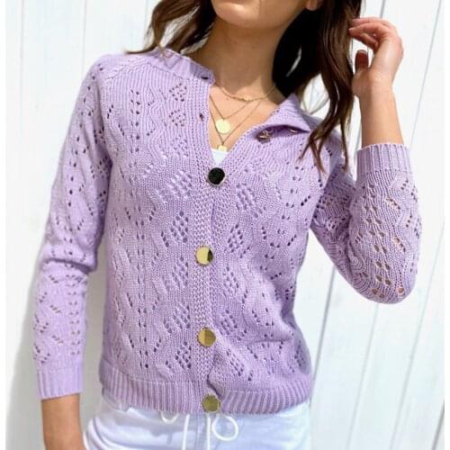Ladies Elegant Knitted Cardigan Spring Autumn Fashion Hollow Out Solid Color Buttons Sweater Long Sleeve Slim-Fit Cardigans