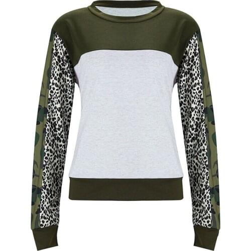 Spring Femme Patchwork Loose Long Sleeve Pullover Women Camouflage Leopard Pullover Lady Autumn Crew Neck Army Green Jumper Tops