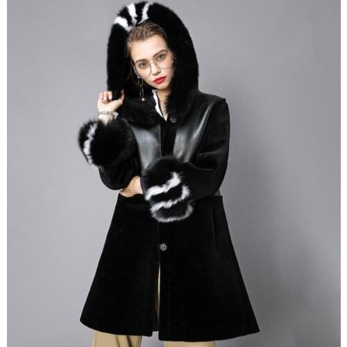 2020 Winter Natural Wool Jackets For Women Real Fur Coat Thicken Warm Fur Coats PU Leather Jacket Fox Fur Hooded WYQ960