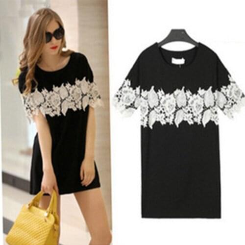 2020 Summer New Womens Fashion Slim Joker Lace Stitching Dress Black Short Sleeve Round Neck Simple Temperament Mini Dress