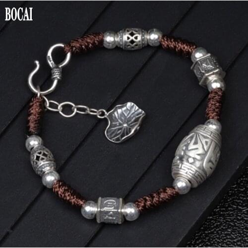 BOCAI solid s999 pure silver six-character mantra barrel bead womens bracelet vintage matte hand-woven literary girl bracelet
