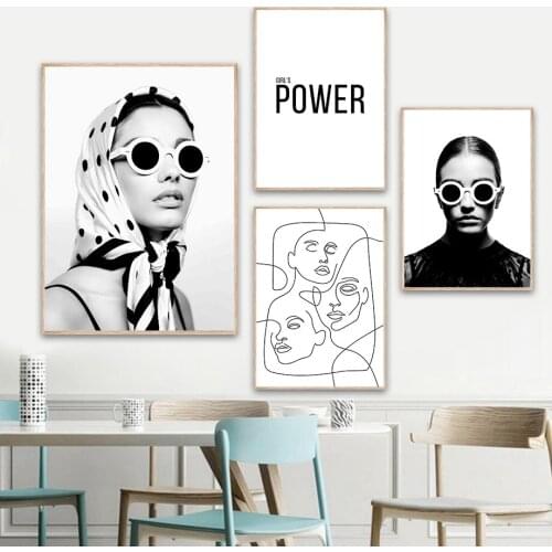 Black White Girl Sunglass Headscarf Line Wall Art Canvas Painting Nordic Posters And Prints Wall Pictures For Living Room Decor