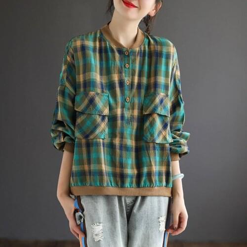 Johnature Women Cotton Linen Plaid Sweatshirts Baseball Collar Long Sleeve Pocket Button Loose Clothing 2021 Autumn Vintage