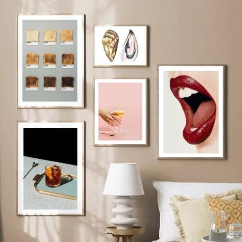Cocktail Toast Latte Oyster Sexy Lips Nordic Poster Wall Art Print Canvas Painting For Living Room Kitchen Decoration Picture
