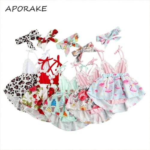 2021 0-24M Baby Girls Sweet Romper Dress 2pcs Summer Cartoon Flamingo/Ice Cream/Leopard/Floral Print 3D Flower Sleeveless Dress