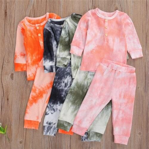 2 Pcs Infant Tie-dye Print Outfits Toddler Long Sleeve Round Neck Single-breasted Top Elastic Waist Trousers