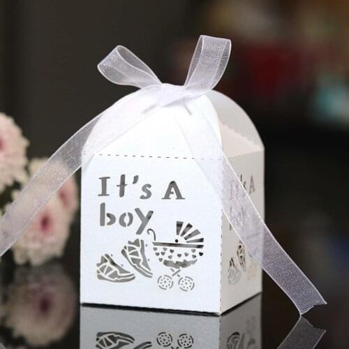 50pcs Laser Cut Boy Candy Boxes Sweets Favor Gift Boxes With Ribbon For Baby Shower Baptism Birthday Easter Party Decoration