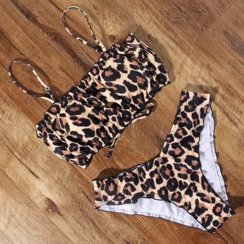 Bandeau Bikini Tie Dye Printed Bandage Ruffle Off Shoulder Swimsuit 2020 Women Summer Beachwear Leopard Bikini Padded Swimsuit