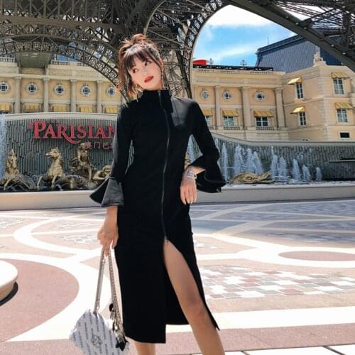 Fashion women temperament outdoor zipper dress new arrival high quality comfortable transparent solid black party pencil dress