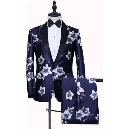 Mens Blue 2 Pieces Suit Notch Lapel Floral Print Groom Tuxedo Party Prom Singer Male Stage Show Costume