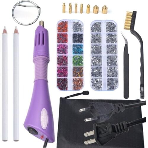 Hotfix Applicator Tool Kit DIY Hot Fix Rhinestones with 7 Tips Support Stand Tweezers Cleaning Brush Wax Pencils Kit