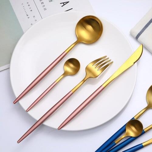 4pcs/set Gold Pink Dinnerware Set Stainless Steel Cutlery Golden Pink Tableware Wedding Party Korean Dinner Fork Knives Teaspoon