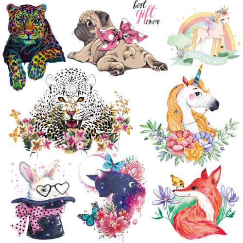 Unicorn Cat Patch Leopard Thermo-stickers On Clothes Dog Applique Fashion Animals Flower Iron On Transfer For Clothing Patch