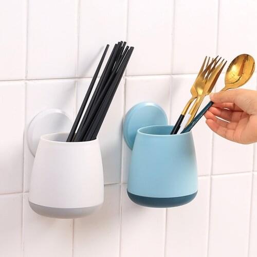 Wall-Mounted Chopsticks Spoon Kitchen Shelf Free Punching Bathroom Vanity Toothbrush Storage Rack Desktop Pen Storage Tube