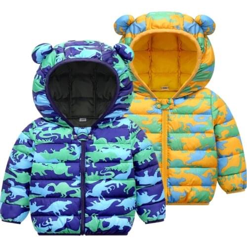 Autumn and winter 2021 New Cute ear cartoon dinosaur printed down cotton jacket boys and girls thickened warm jacket