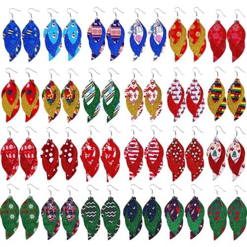 New Arrival Christmas Feather Leather Earrings Three Layers Xmas Splice Leaf Earrings Brincos серьги