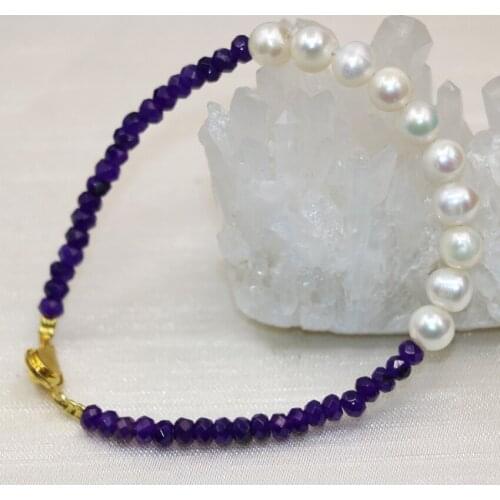 Original white natural 7-8mm pearl beads charms bracelets & bangle 2*4mm abacus purple jades beads women jewelry 7.5inch B2994