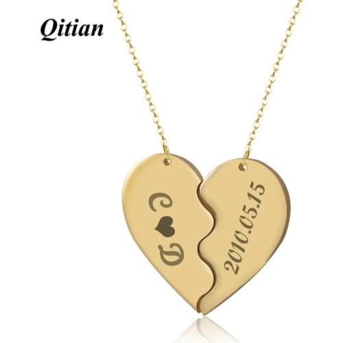 Personalized Engrave Heart Pendant Necklaces Women Gold Color Stainless Steel Custom Jewelry Two Necklaces For Best Friends Gift