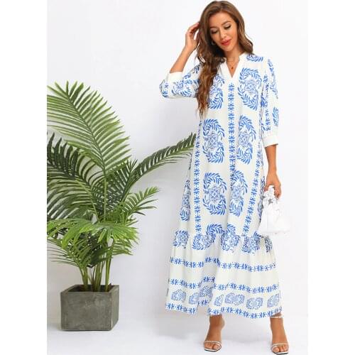Fridayin Bohemian Womens V-Neck Flower Print Long Dress Female Holiday Fashion Half Sleeve Kaftan Loose Vestidos