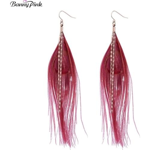 Banny Pink Bohemia Feather Pendnat Drop Earrings For Women Ethnic Long Chain Dangle Earrings Fashion Jewelry Chunky Earrings