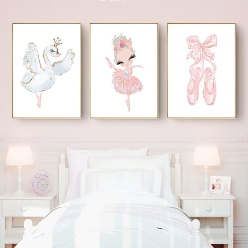 Pink Swan Princess Nursery Wall Art Canvas Painting Ballerina Posters and Prints Decor Picture Nordic Kid Baby Girl Room