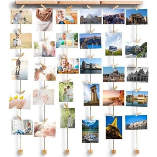 Family Wooden Photo Frame Organizer Holder Background Wall Hanging DIY Picture Photo Backdrop Collage Display with 25 Clips