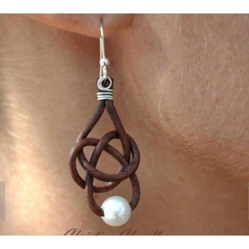 Freshwater Pearl and Leather Earrings Pearl Friendship Knot Brown Earrings Pearl and Leather Jewelry