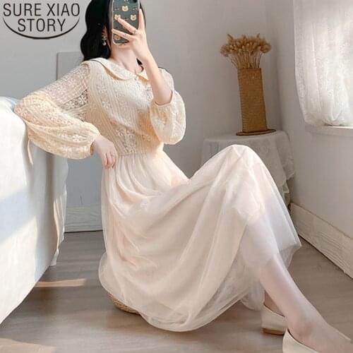 Spring Mesh Dress Vintage Lace Dress Women Puff Sleeve Long Sleeve Dresses 2021 Fashion High Waist Doll Collar Vestidos 12913