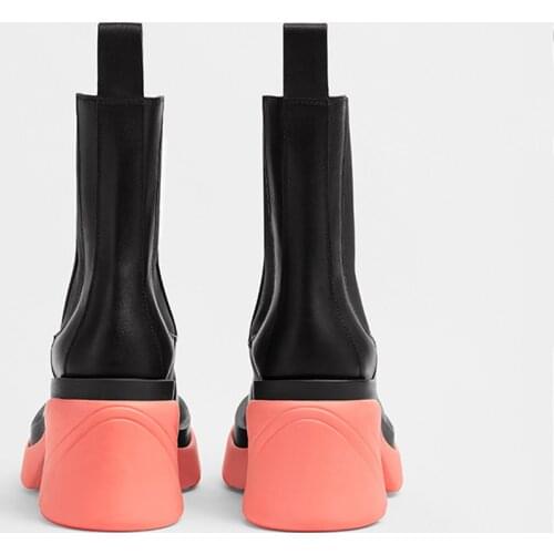 MUMANI Womans Chelsea Boots High Heels British Genuine Leather Red Martin Boots Round Toe Mid Boot Platform Slip-On ANKLE Boots