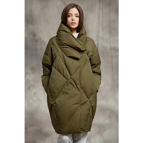2019 New Women Army Green Fashion Down Puffer Coat Jacket High Collar Loose Casual Warm Goose Down Coat Outwear