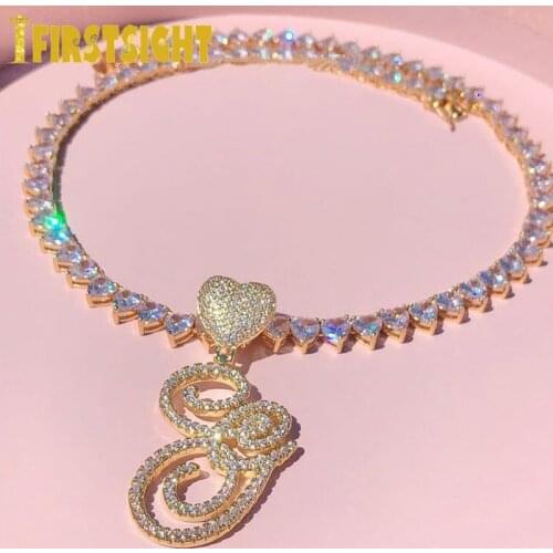 New Heart Clasp Cursive Letters Name Pendant Necklace Silver Color Charm Cubic Zirconia Iced Out Choker For Women HipHop Jewelry