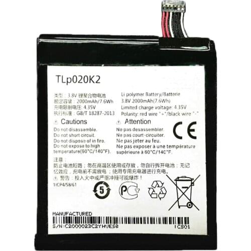 10pcs/lot Replacement Battery TLp020K2 2000mAh Rechargeable battery For ALCATEL onetouch TLp020K2 Batteries