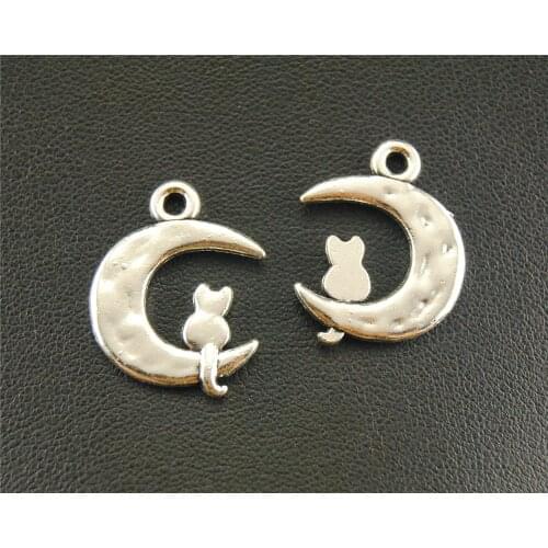 10pcs Silver Color moon and cat Charm Bracelet Necklace Jewelry Making Handmade DIY 23x18mm A1648