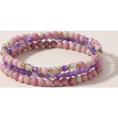 OAIITE 3 pcs Natural Stone Bracelets Amethysts Rhodonite Beads Bracelets Yoga Inspirational Bangle Friendship Jewellery Gifts