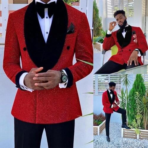 YIWUMENSA Glitter Red Sequins Mens Suits Formal Wedding Blazers Black Peaked Lapel Jacket With Pant Slim Fit 2 Pieces Tuxedos