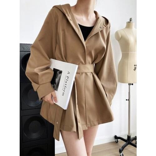 Elegant Hooded Windbreaker Jacket Skirt-style Waist-strap Jacket Womens Spring Autumn New Hooded Trench Coat 153