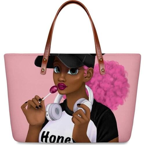 HYCOOL Art Black African Girl Lollipop Printed Big Bags for Women Casual Handbags Female Beach Tote Bag Ladies Small Item Pouch