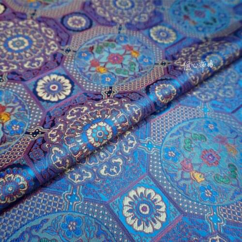 Chinese Classics Brocade jacquard Satin Lake blue silk fabric Satin de soie Satén шелк hanfu cloth DIY patchworkbag