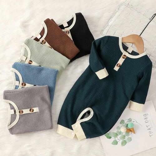 Citgeett Autumn Infant Baby Girls Boys Jumpsuit Splicing Long Sleeves Knitted Rompers Buttons Spring Suit 0-24Months