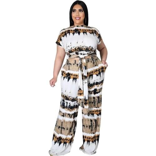 Two-piece Comfortable Wide-leg Pants Set Printed Laces and Two Pockets Suit Women Trendy Wholesale Drop Shipping