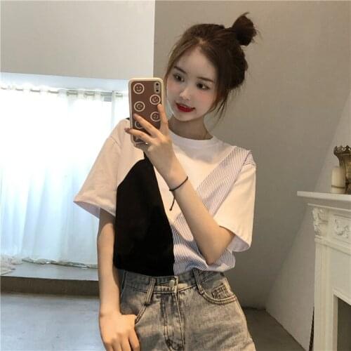 Summer new round neck irregular short-sleeved T-shirt female 201 new design wild round neck niche design